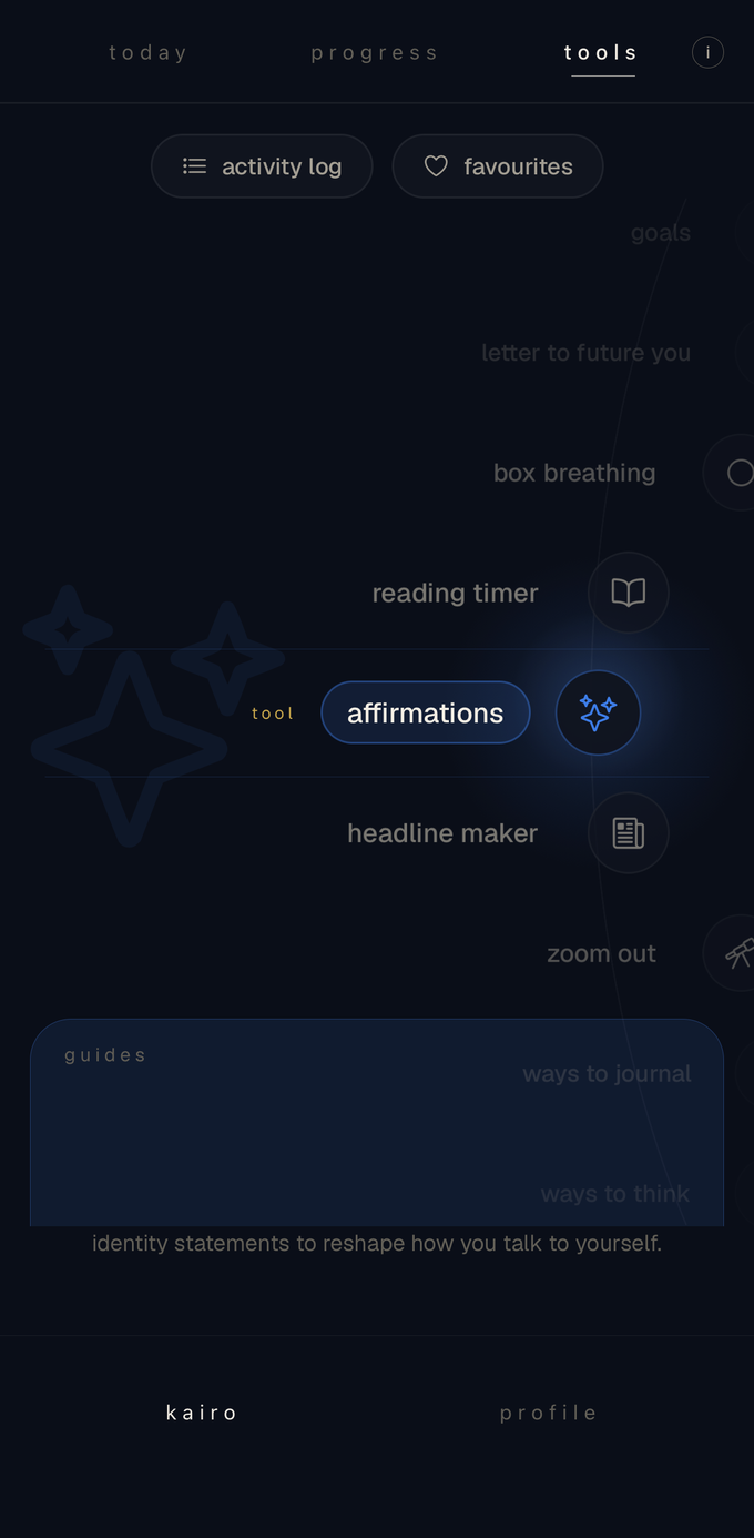 the kairo tools screen: goals, reading timer, affirmations, headline maker and more